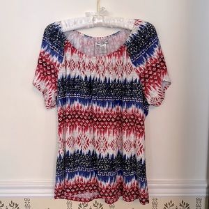 Rebecca Malone Short Sleeve Fourth of July Shirt 1X Red White Blue Metal Beads